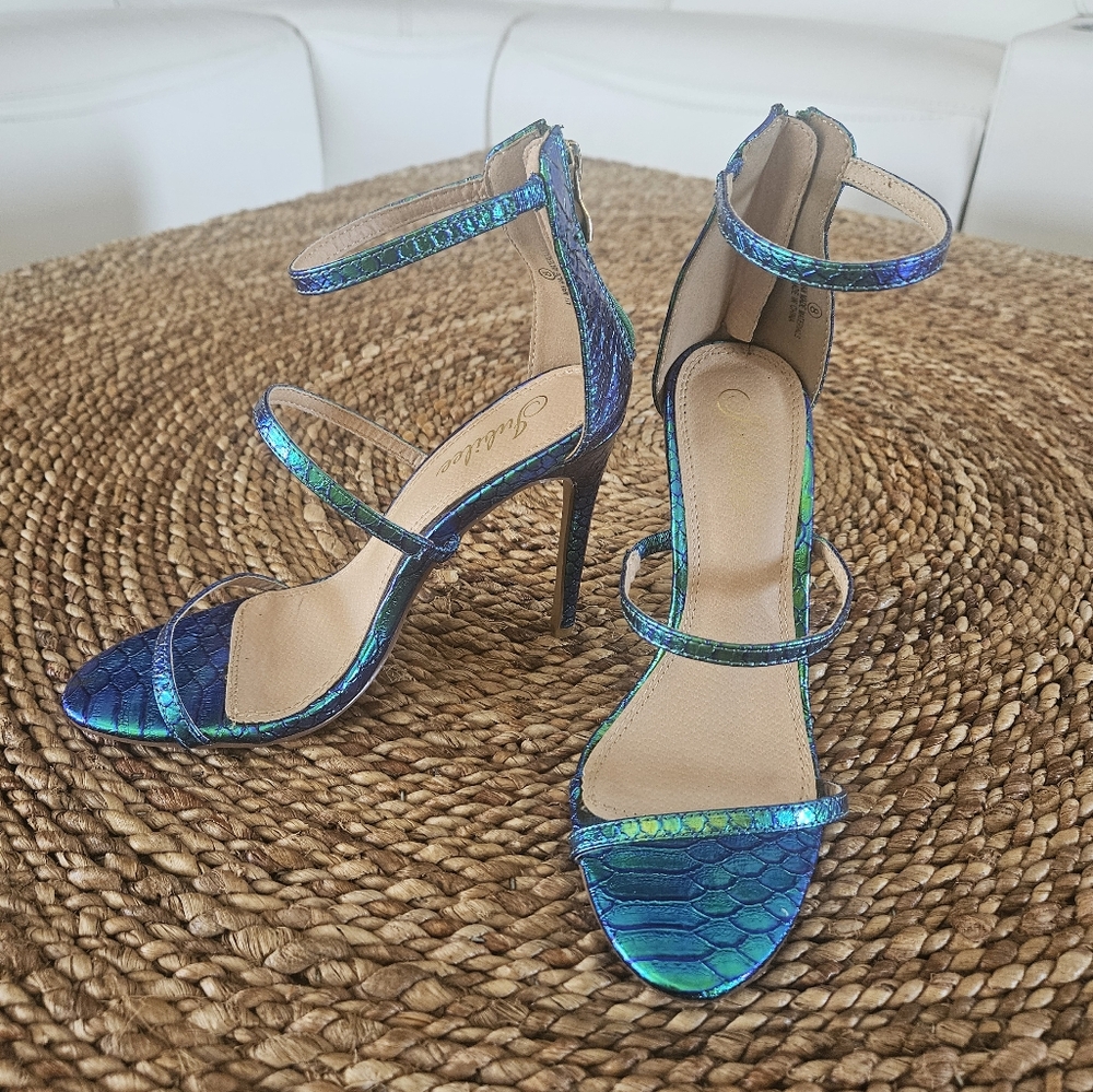 Women's Sexy Holographic Blue & Green Open Toe Strappy 4" Mermaid Look Heels